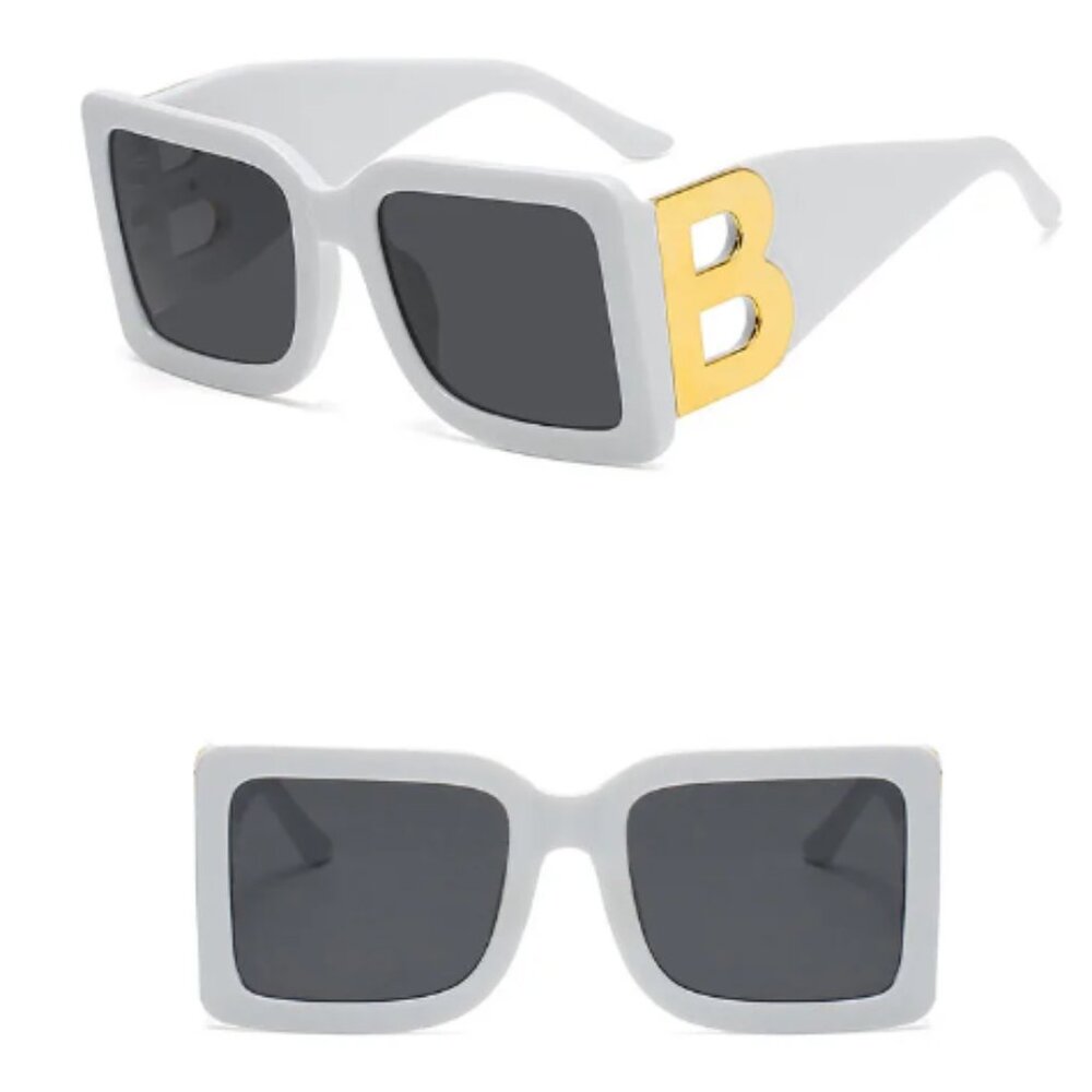 White Large Square Luxury Frame B Sunglasses